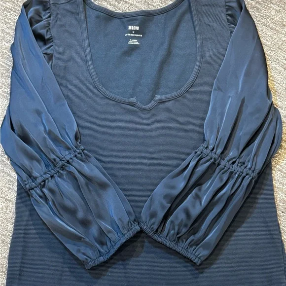 Anthropologie Maeve XL Blue Ribbed Satin Tiered Balloon Sleeve Shirt - Picture 8 of 12